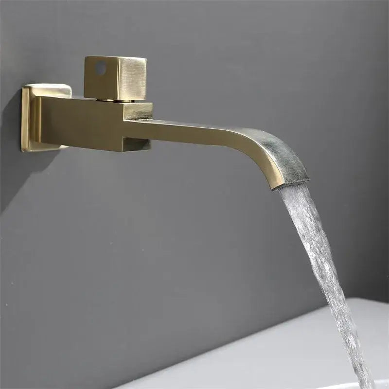 Modern brushed gold basin faucet set with brass finish featuring a sleek angular wall-mounted design and flowing spout