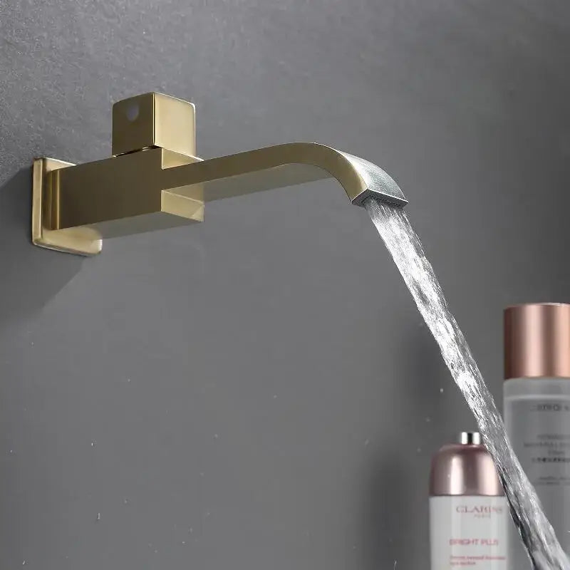 Modern brushed gold basin faucet set with a sleek angular design and matte finish for bathroom use