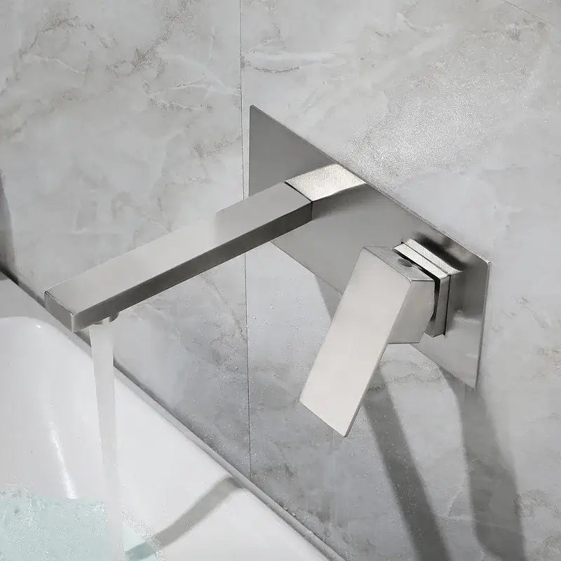 Modern brushed stainless steel wall-mounted basin faucet set with angular minimalist design for bathroom use