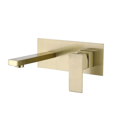 Modern brushed gold basin faucet set featuring a wall-mounted, gold-toned faucet with a sleek rectangular spout design