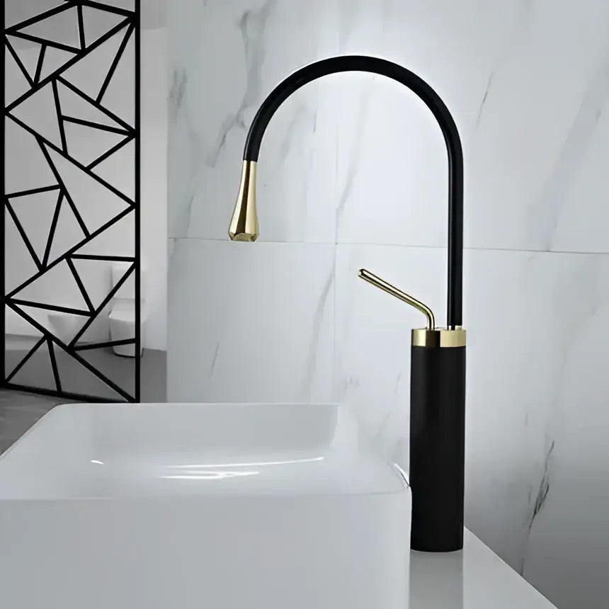 Modern brushed gold basin faucet with black and gold curved swivel spout and cylindrical base for bathroom decorbites brushed gold