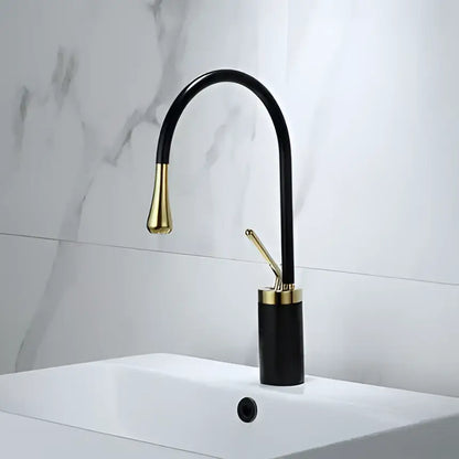 Modern brushed gold basin faucet with swivel curved spout and cylindrical base in black and gold decorbites brushed gold finish