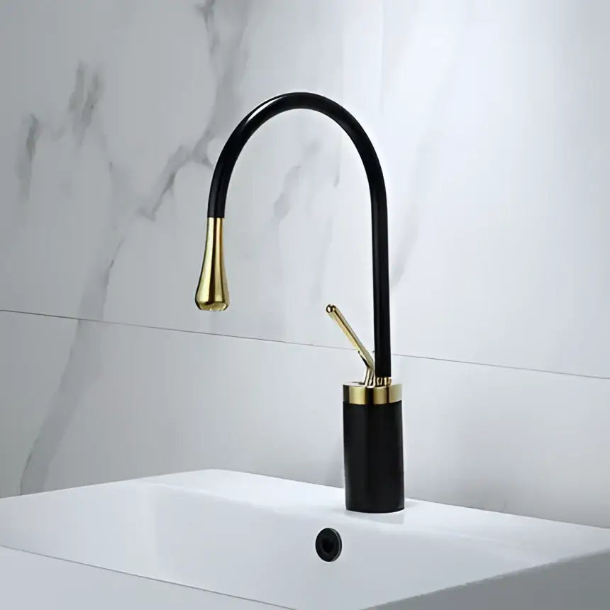 Modern brushed gold basin faucet with swivel curved spout and cylindrical base in black and gold decorbites brushed gold finish