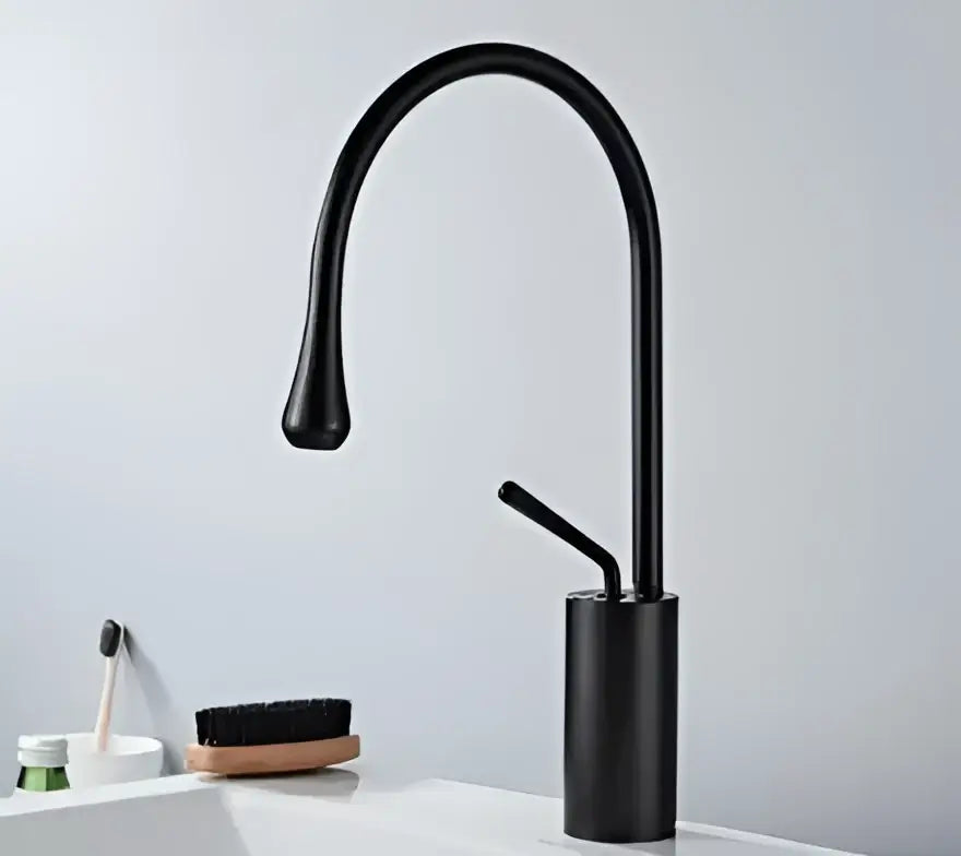 Black matte basin faucet with curved spout and cylindrical base for modern bathroom decorbites brushed gold style