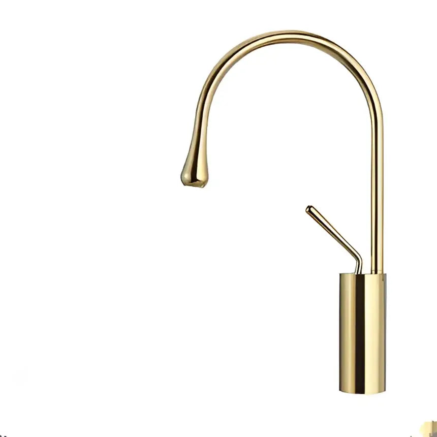Modern brushed gold basin faucet with a sleek curved swivel spout and cylindrical base by decorbites for bathroom use