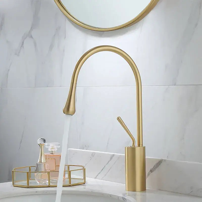 Modern brushed gold basin faucet with swivel spout and sleek curved design for bathroom by decorbites brushed gold