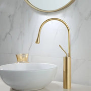 Modern brushed gold basin faucet with brushed gold finish and swivel spout by decorbites for bathroom use