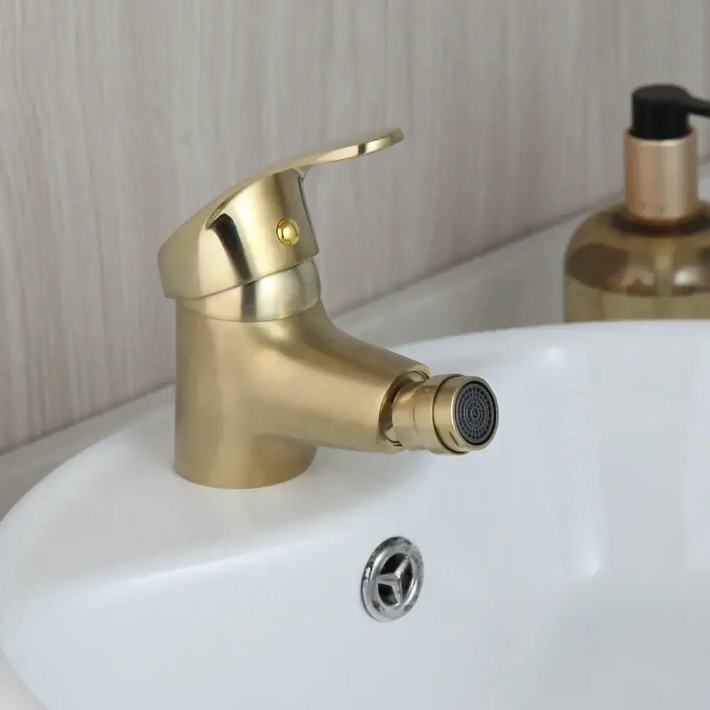 Modern brushed gold basin mixer tap bathroom faucet with a sleek design and detachable spray head in brushed gold