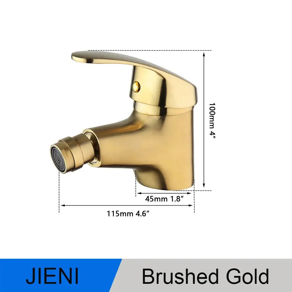 Modern brushed gold basin mixer tap with single-handle design and spray head for bathroom use with precise dimensions