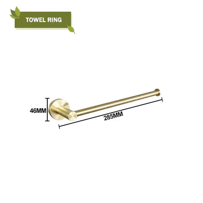 Brass-finished towel ring with sleek cylindrical design and 285mm length in modern brushed gold bath hardware set