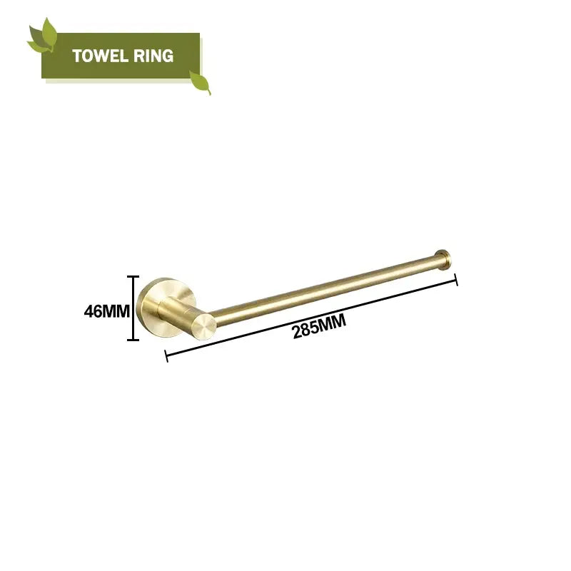 Brass-finished towel ring with sleek cylindrical design and 285mm length in modern brushed gold bath hardware set
