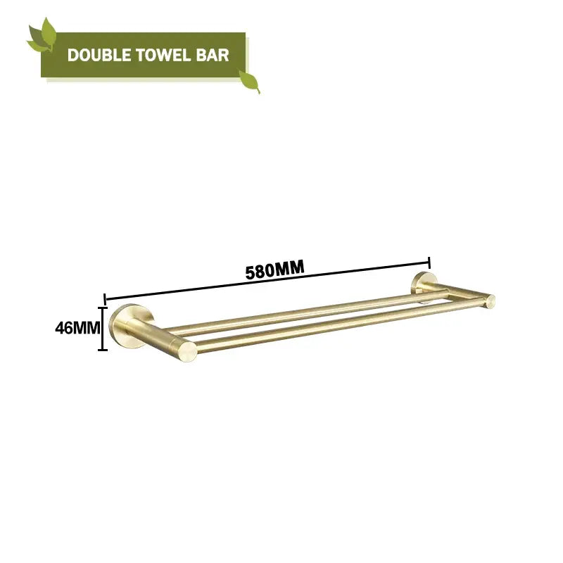 Modern brushed gold bath hardware set featuring a gold-finished double towel bar with two parallel rods and circular mounts
