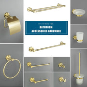 Modern brushed gold bath hardware set in 304 stainless steel featuring sleek towel racks and toilet paper holders