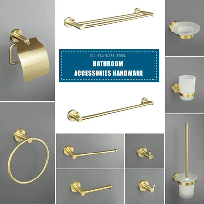 Modern brushed gold bath hardware set in 304 stainless steel featuring sleek towel racks and toilet paper holders