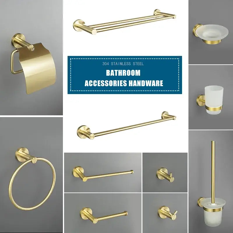 Modern brushed gold bath hardware set in 304 stainless steel featuring sleek towel racks and toilet paper holders