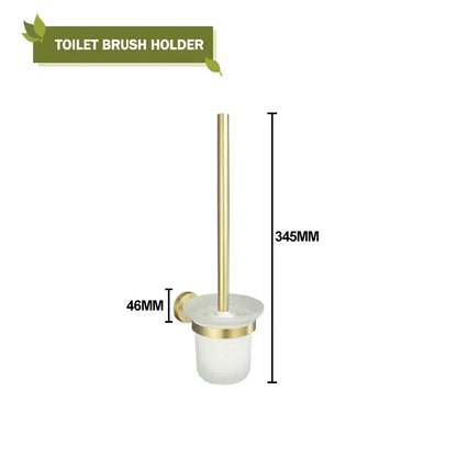 Gold-finished toilet brush holder with frosted glass base and accent band in modern brushed gold bath hardware set