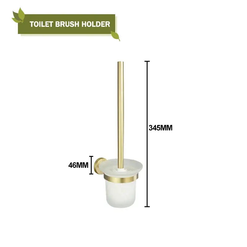 Gold-finished toilet brush holder with frosted glass base and accent band in modern brushed gold bath hardware set