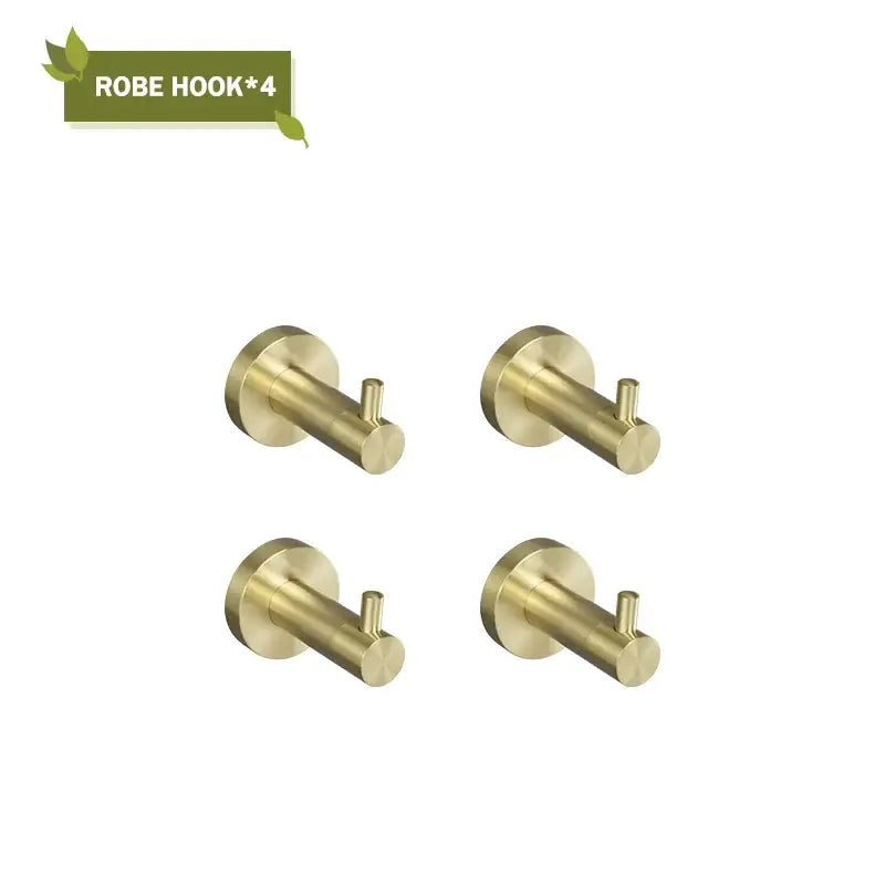 Set of four brushed brass robe hooks with circular mounts in a modern brushed gold bath hardware set for bathrooms