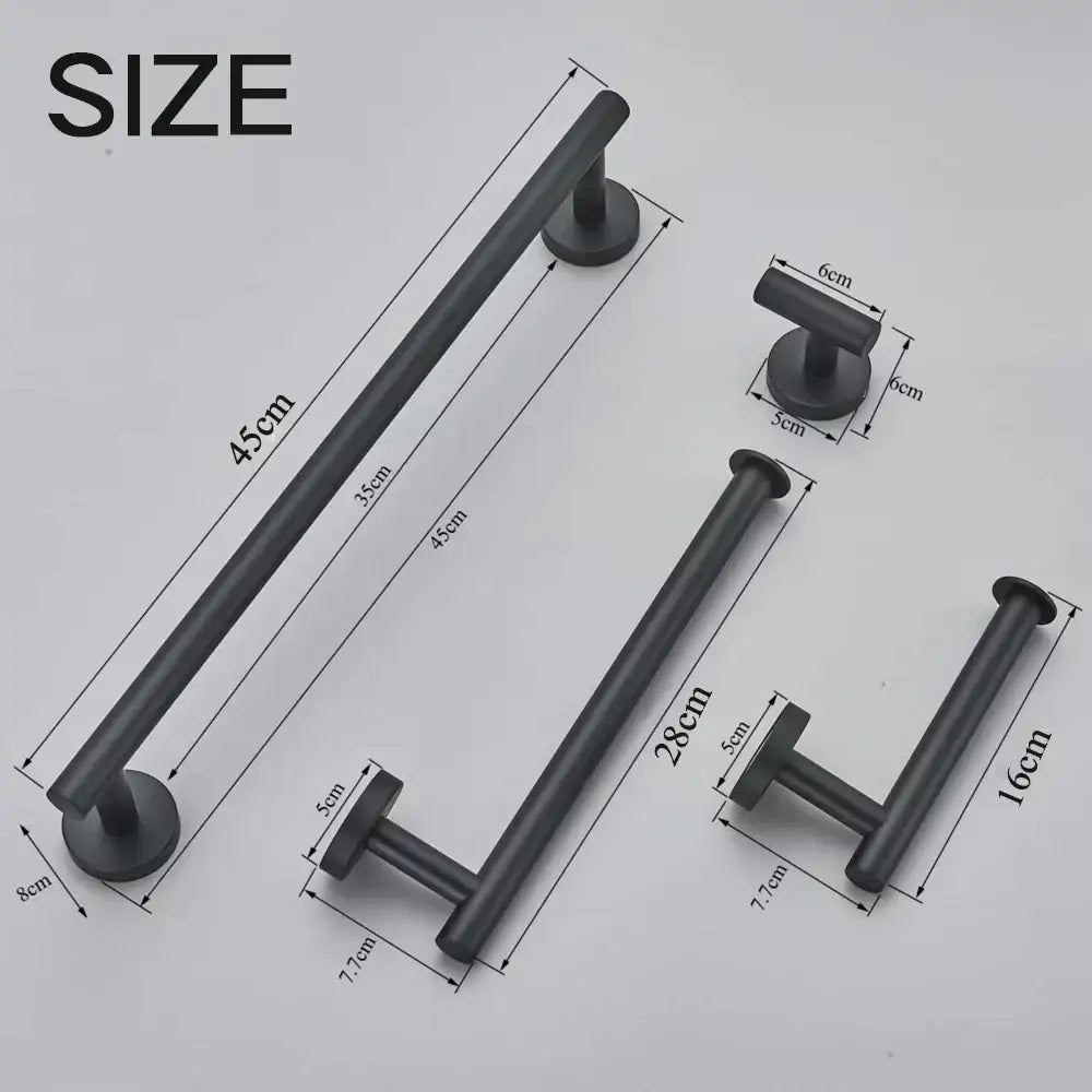 Modern brushed gold bathroom accessories set with black matte metal towel racks in various lengths and designs