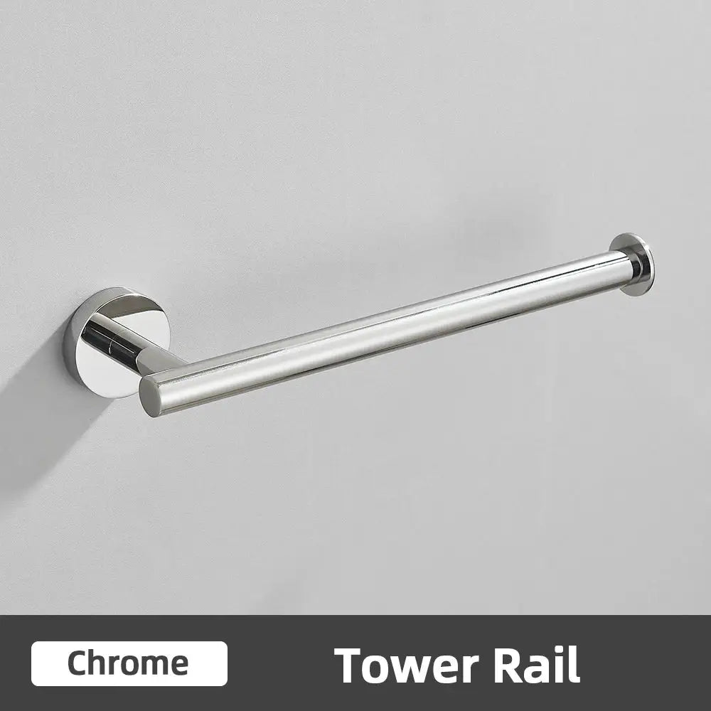 Chrome-finished tower rail with sleek cylindrical design in modern brushed gold stainless steel bathroom accessories set