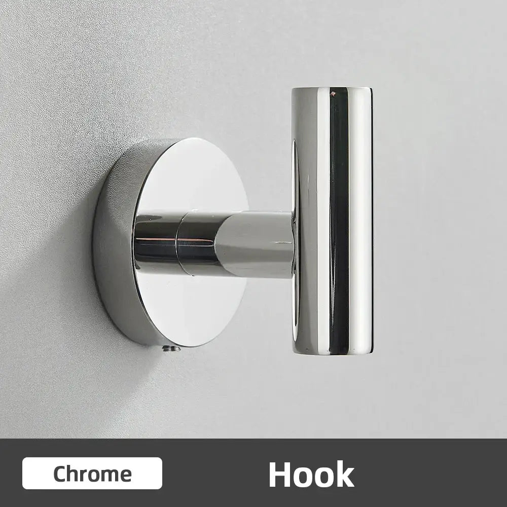 Chrome finished wall-mounted hook with sleek modern t-shaped design part of brushed gold stainless steel bathroom accessories set