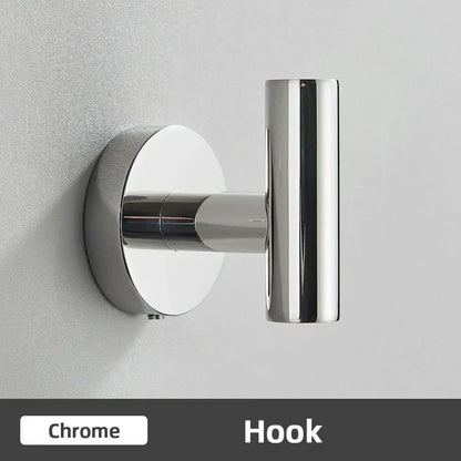 Chrome finished wall-mounted hook with sleek modern t-shaped design part of brushed gold stainless steel bathroom accessories set