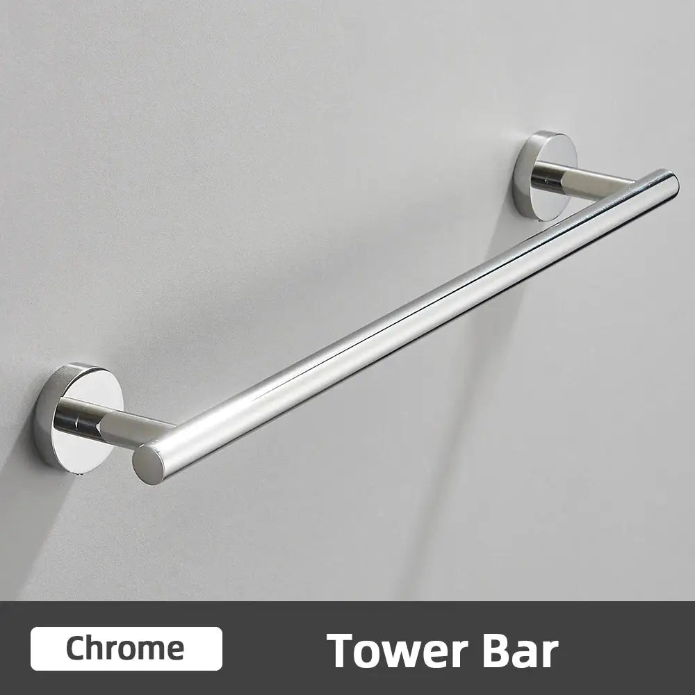 Modern brushed gold stainless steel bathroom accessories set featuring a chrome-finished tower bar with circular wall mounts