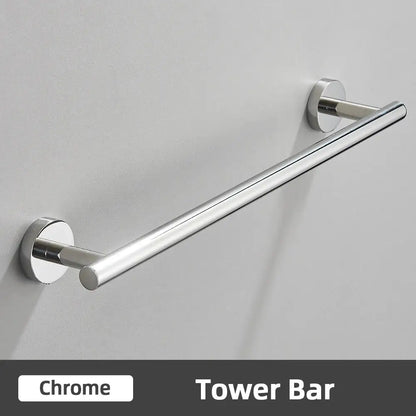 Modern brushed gold stainless steel bathroom accessories set featuring a chrome-finished tower bar with circular wall mounts