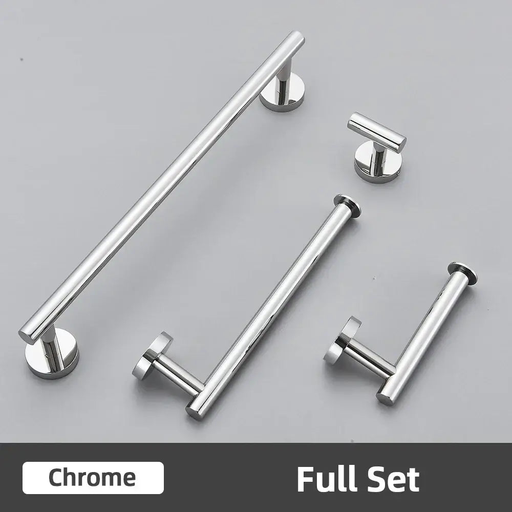 Modern brushed gold bathroom accessories set featuring chrome-finished stainless steel bar and t-bar towel racks