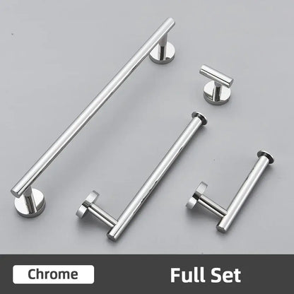 Modern brushed gold bathroom accessories set featuring chrome-finished stainless steel bar and t-bar towel racks