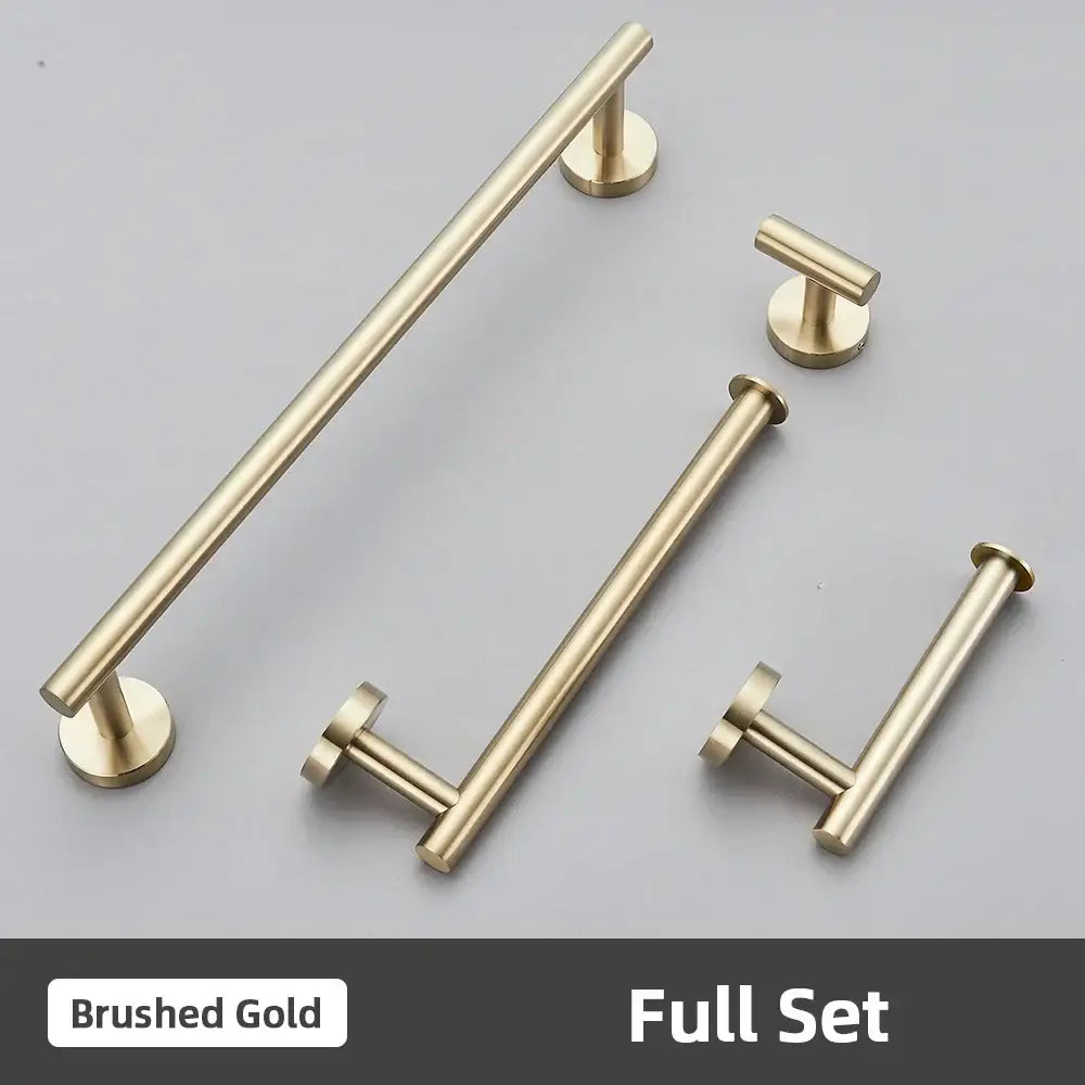 Modern brushed gold stainless steel bathroom accessories set with sleek bar and knob pulls for cabinet hardware