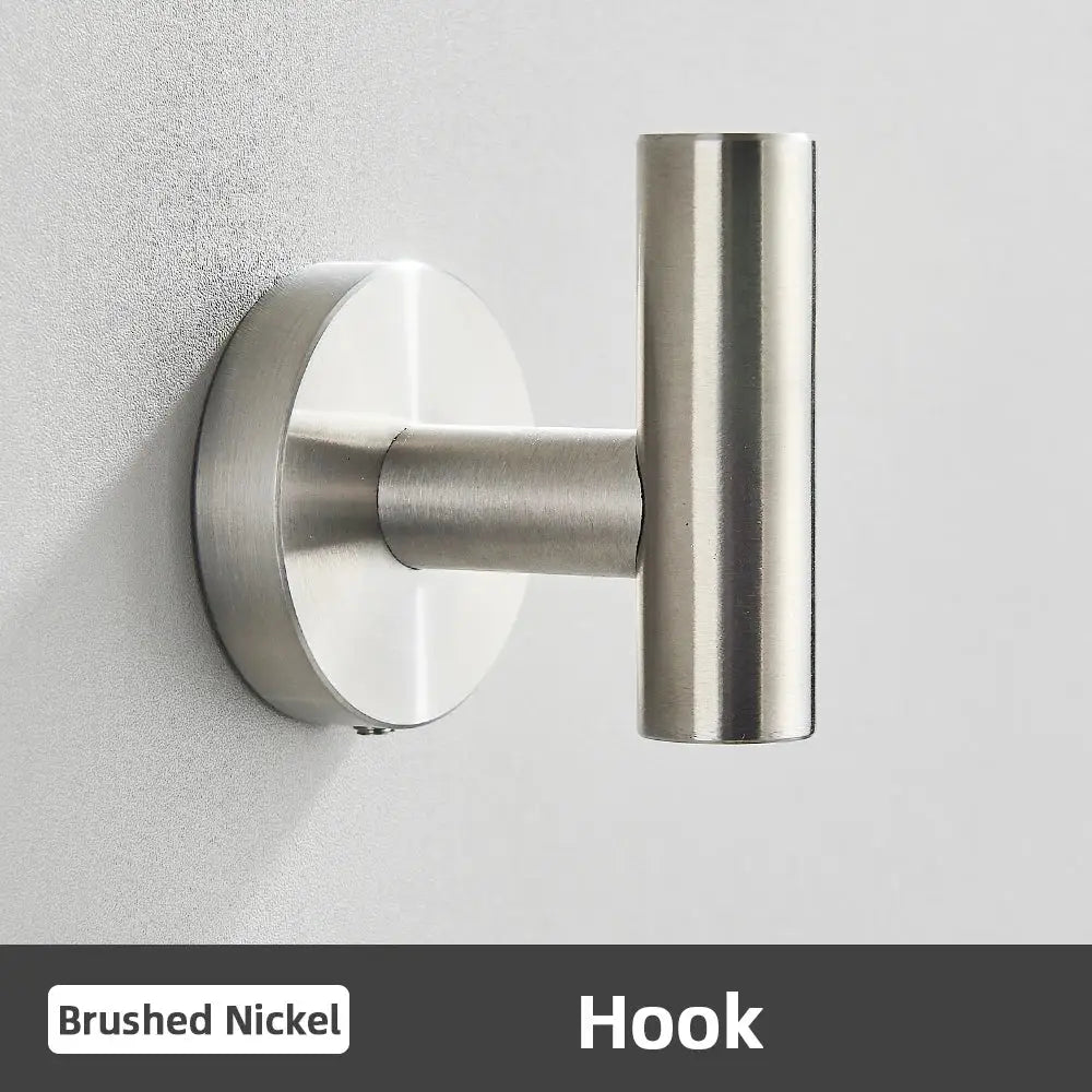 Modern brushed gold bathroom accessories set featuring a brushed nickel wall hook with sleek cylindrical design and circular base