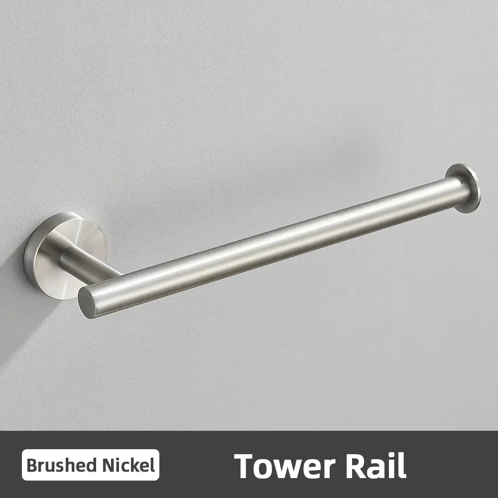 Modern brushed gold bathroom accessories set featuring a brushed nickel tower rail with sleek cylindrical design