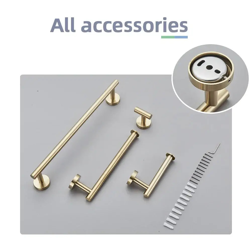 Set of modern brushed gold stainless steel bathroom accessories set with cabinet and towel bar hardware and screws