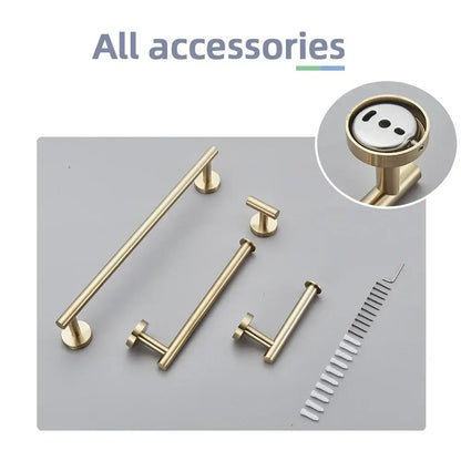 Set of modern brushed gold stainless steel bathroom accessories set with cabinet and towel bar hardware and screws
