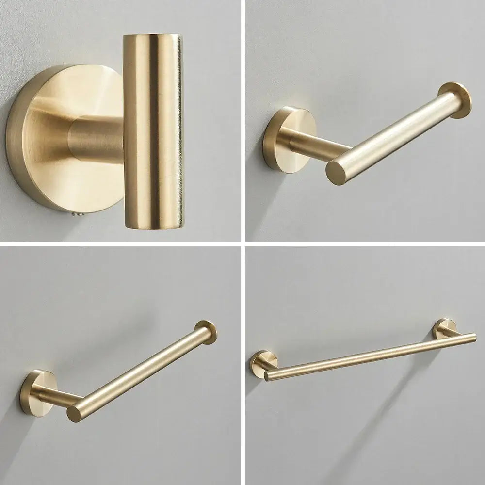 Brushed gold bathroom accessories set with stainless steel hook, toilet paper holders, and towel bar in modern design