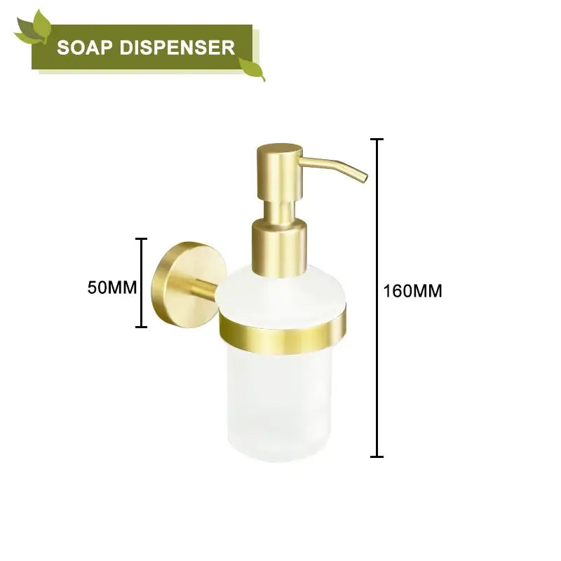 Modern brushed gold wall-mounted soap dispenser with frosted glass body from decorbites brushed gold bathroom accessories set