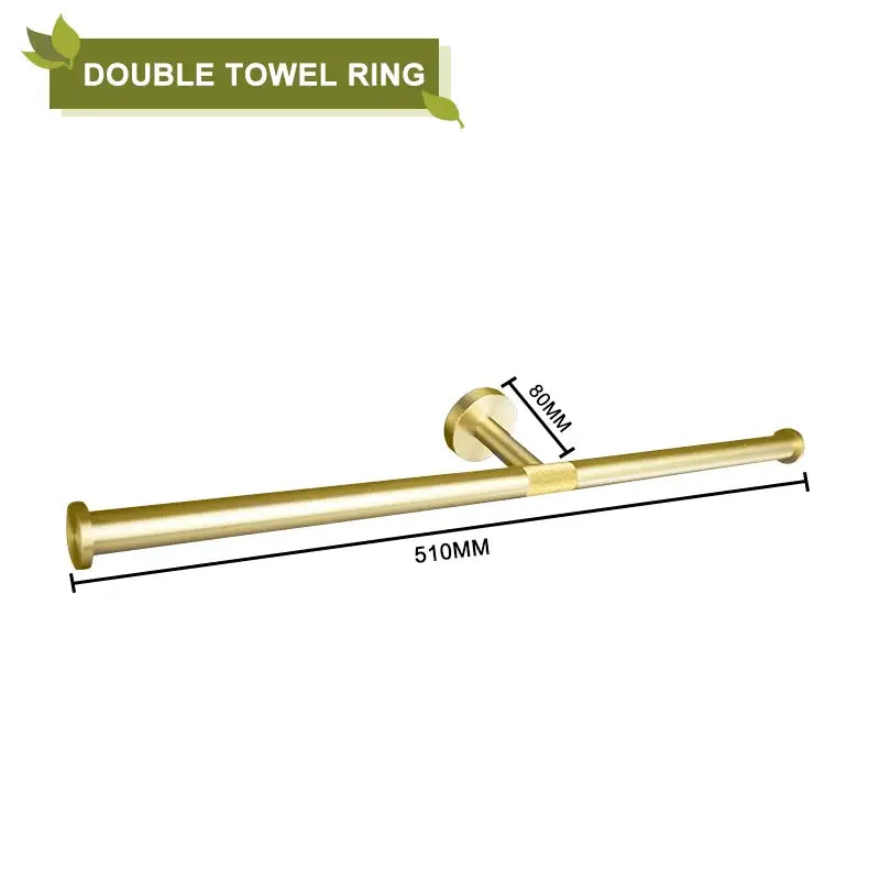 Modern brushed gold bathroom accessories set featuring a gold-colored brass double towel ring with two mounting points by decorbites brushed gold