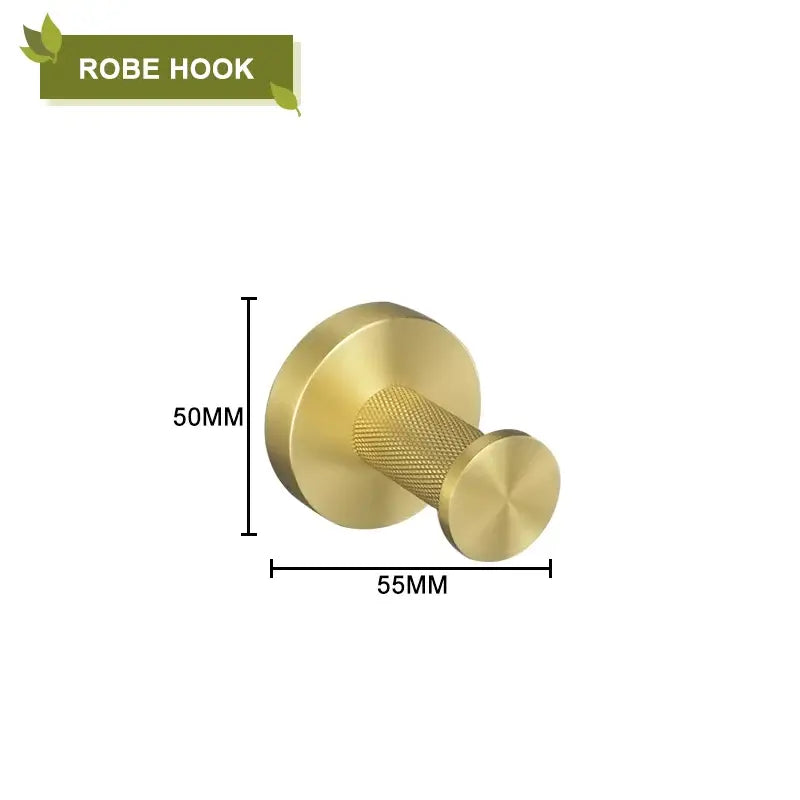 Gold-colored robe hook with textured grip and polished ends from decorbites brushed gold bathroom accessories set