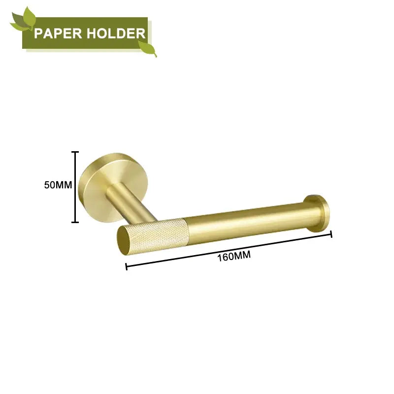 Gold-colored brass toilet paper holder with textured grip and sleek modern design from decorbites brushed gold bathroom accessories set