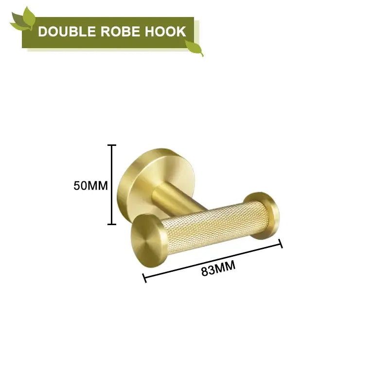 Gold-colored double robe hook with textured central bar and polished ends from decorbites brushed gold bathroom accessories set