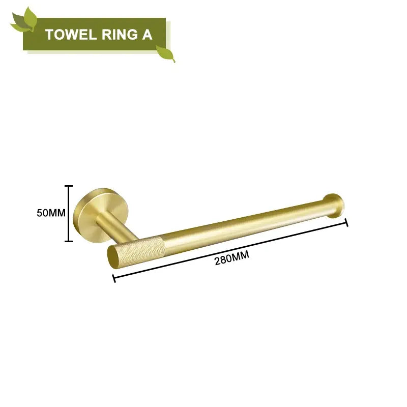 Gold-finished metal towel ring with textured grip and rounded ends from Decorbites brushed gold bathroom accessories set