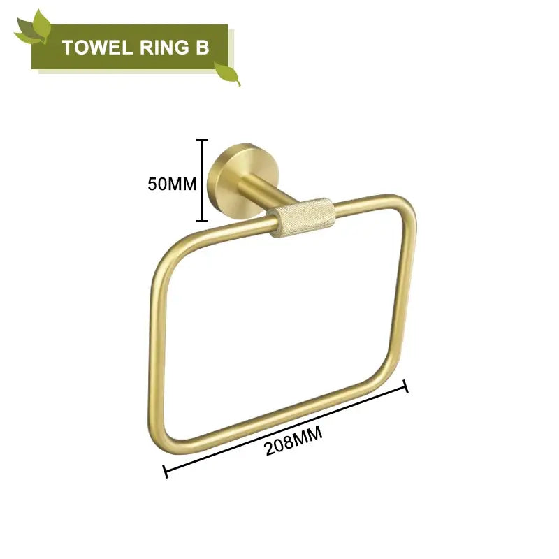 Brass-finished rectangular towel ring with textured grip mounting stem in a decorbites brushed gold bathroom accessories set