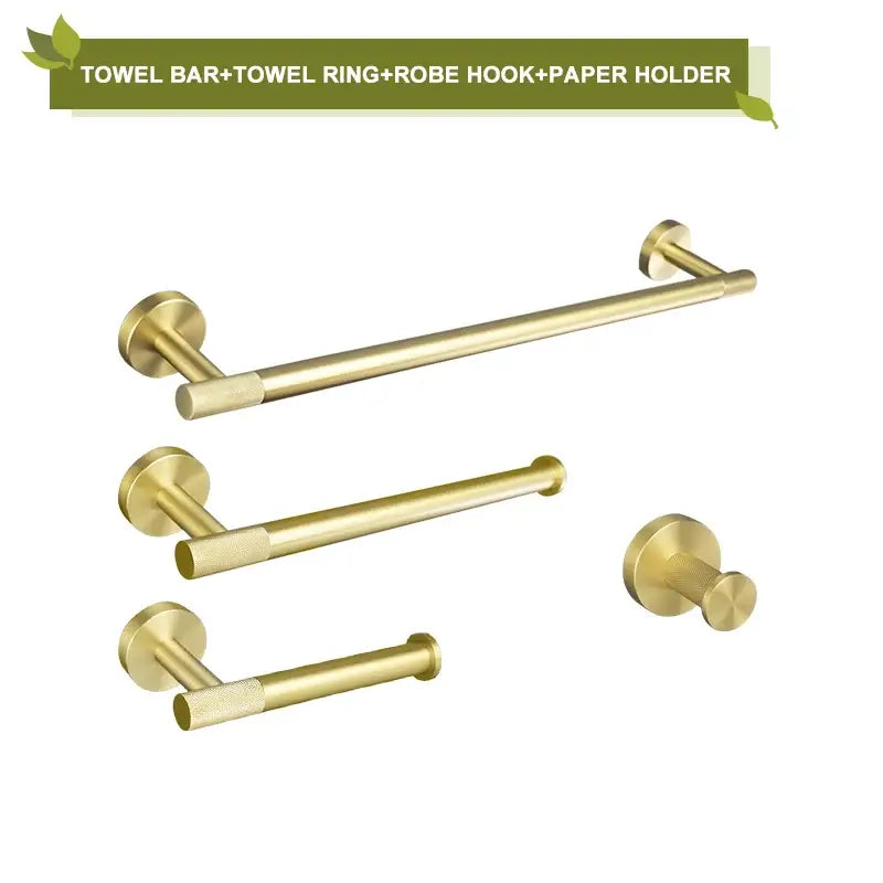 Modern brushed gold bathroom accessories set with frosted glass featuring brass-finished towel bar robe hook and paper holder