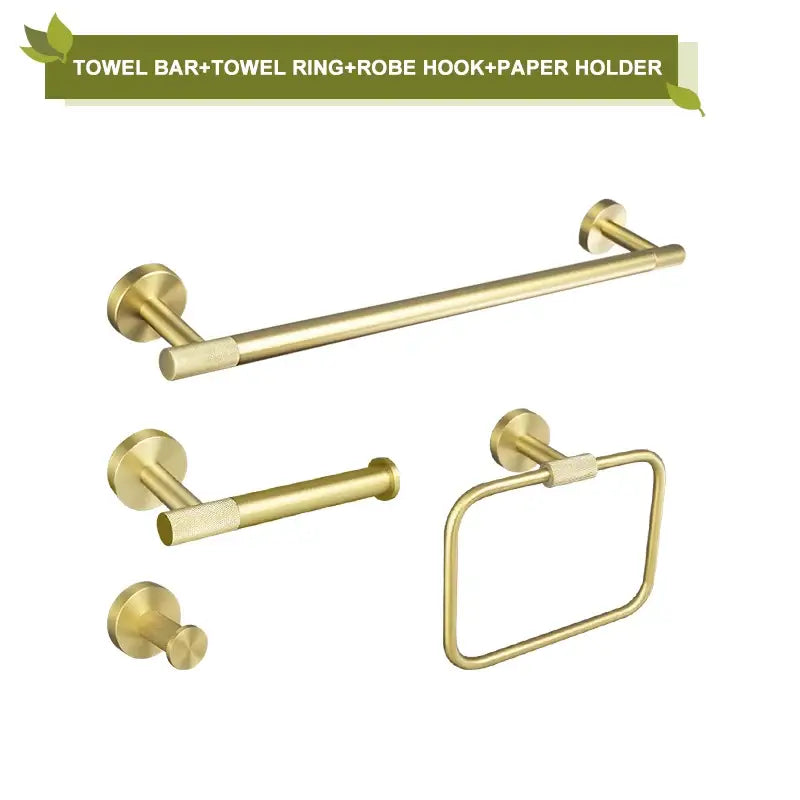 Modern brushed gold bathroom accessories set with frosted glass featuring brass-finished towel bar ring robe hook and paper holder by decorbites brushed gold