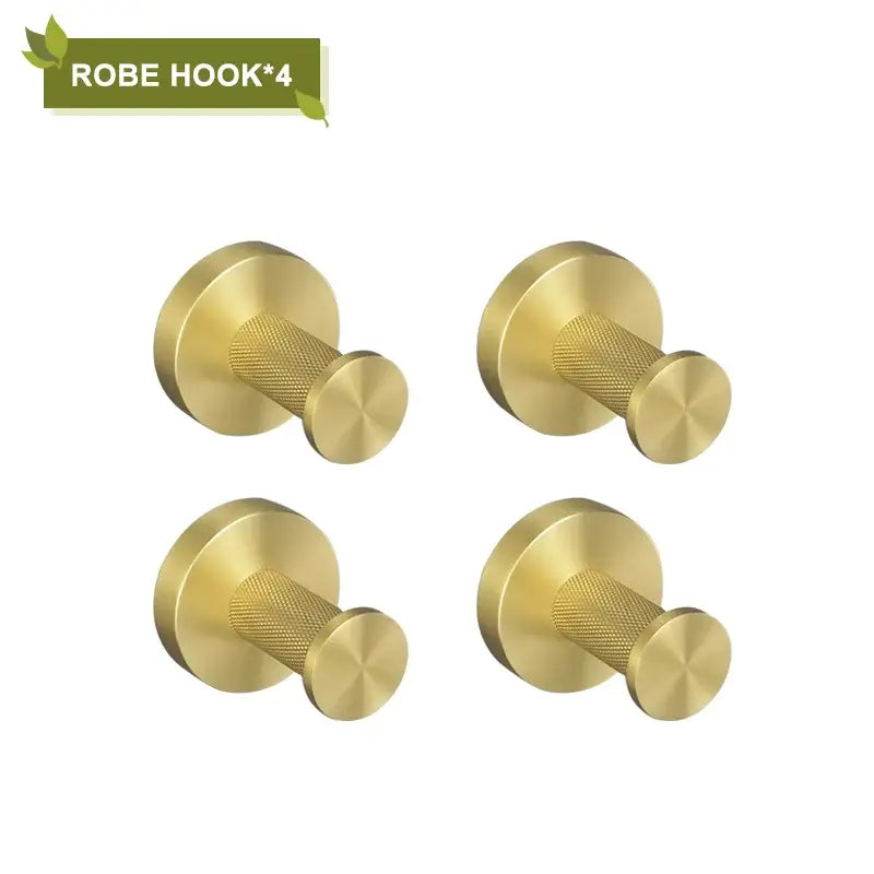 Set of four brass robe hooks with textured cylindrical design and polished brushed gold finish for bathroom accessories decorbites brushed gold