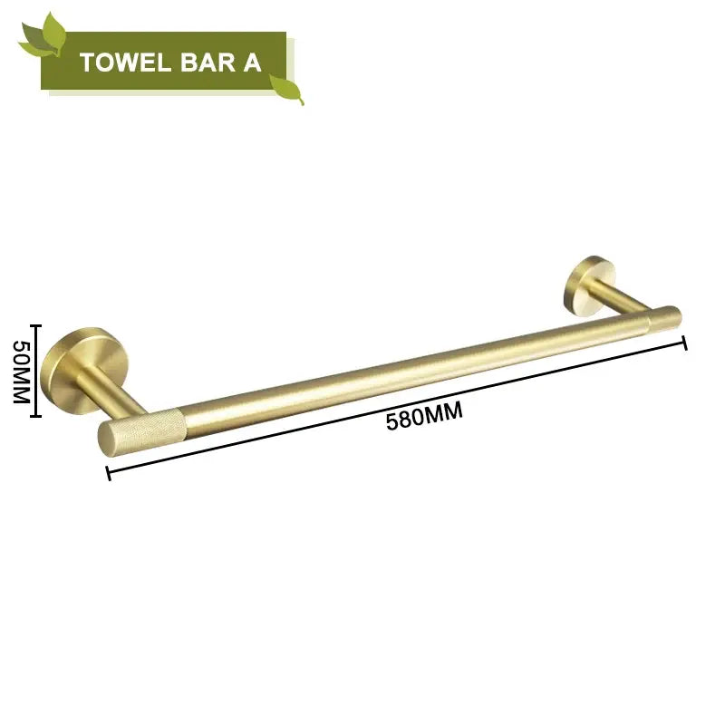A sleek 580mm brass towel bar in brushed gold with circular wall mounts from decorbites bathroom accessories set