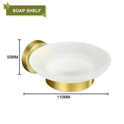 A sleek oval soap dish with frosted white glass bowl mounted on polished brushed gold wall bracket by decorbites bathroom accessories