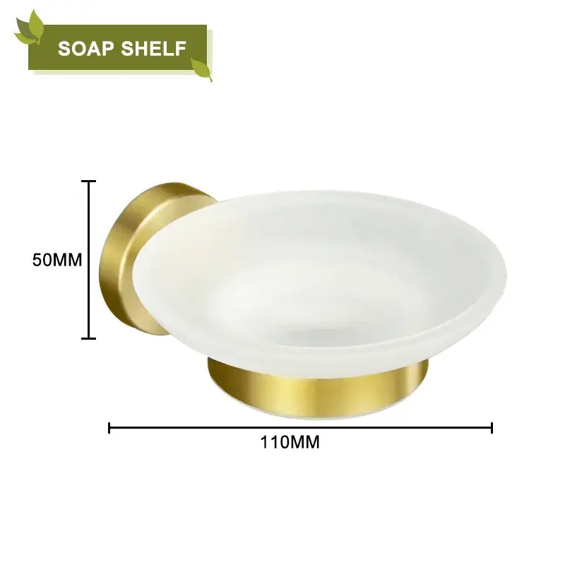 A sleek oval soap dish with frosted white glass bowl mounted on polished brushed gold wall bracket by decorbites bathroom accessories