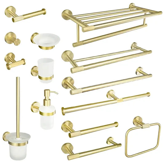 Modern brushed gold bathroom accessories set with frosted glass featuring sleek brushed gold decorbites bathroom hardware